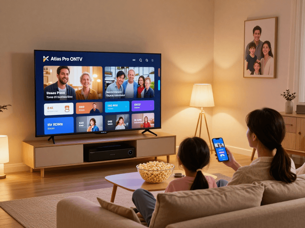Application Atlas Pro sur TV 4K dans un salon moderne avec famille.