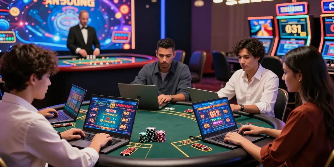 Les joueurs découvrent des jeux sur un nouveau casino en ligne, entourés d'une ambiance vibrante.