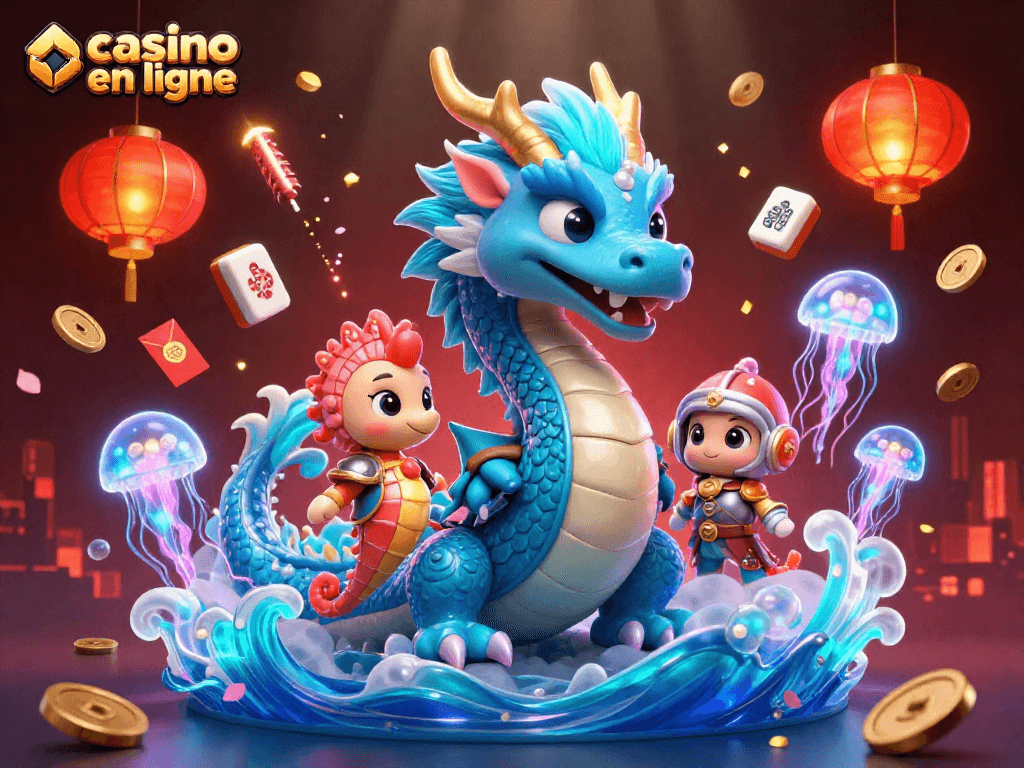 Jouer au casino en ligne avec dragon, chevalier, et méduse dans un décor coloré.