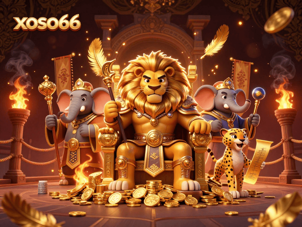 xoso66 captures excitement with a dynamic illustration of a lion king and characters in a vibrant casino setting