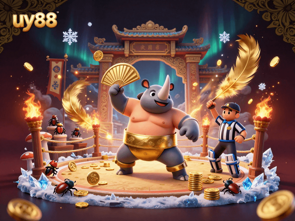Experience fun at uy88 with a sumo beetle champion sending coins flying in an action-filled casino scene.