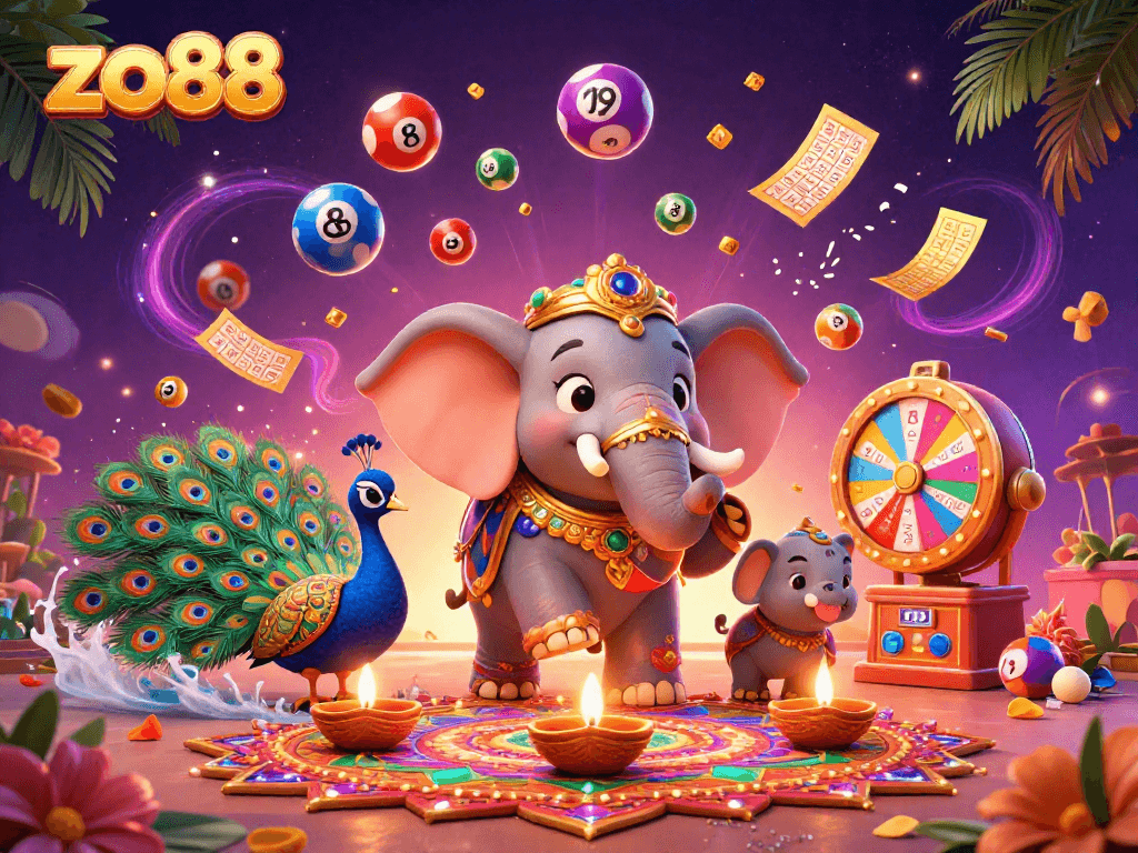 Engage with thrilling games at zo88 featuring a vibrant 3D scene filled with dynamic lottery elements and cheerful characters.