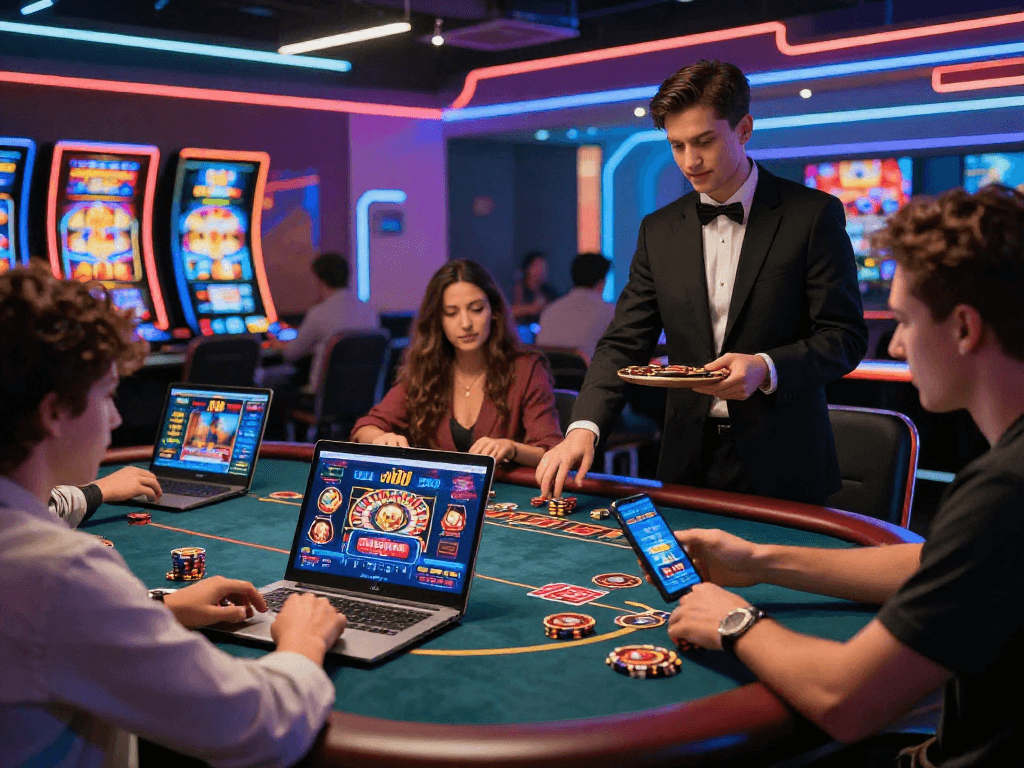 Scène dynamique de casino en ligne avec joueurs utilisant des ordinateurs et smartphones pour jouer à des jeux de casino en ligne.