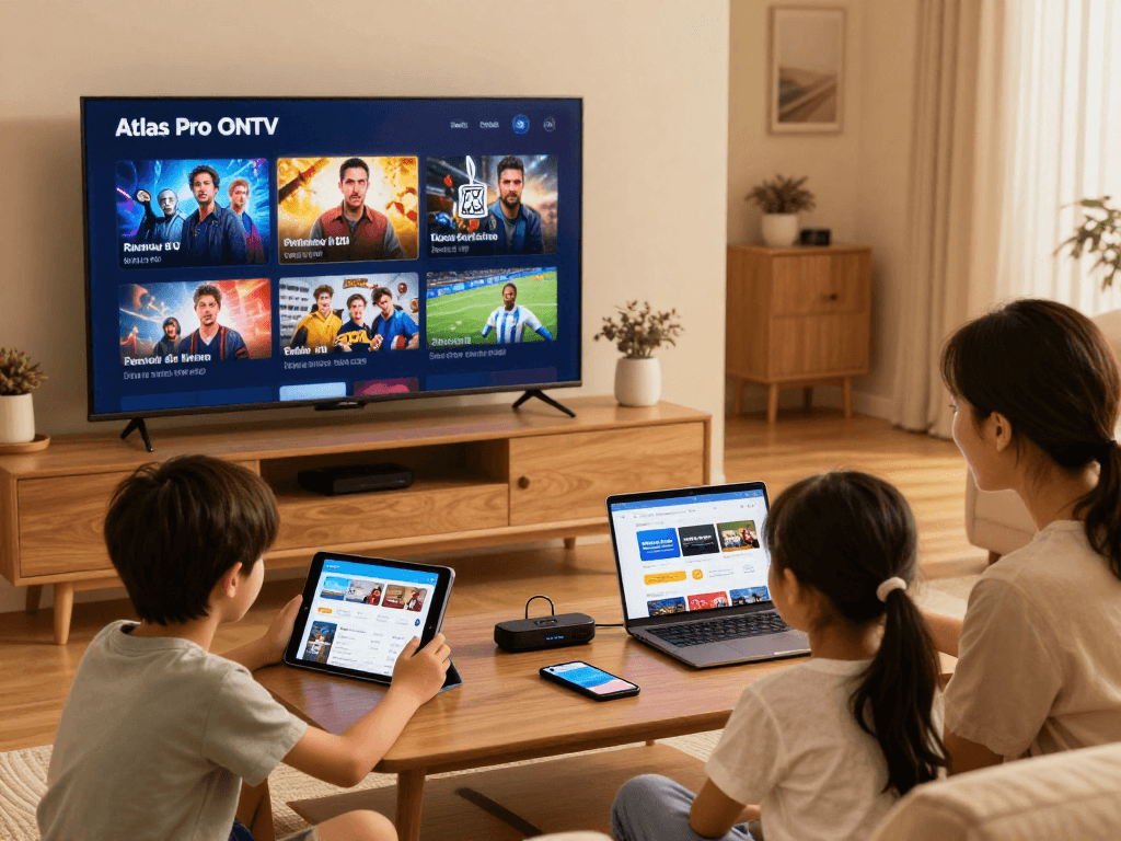 Famille utilisant Atlas pro ontv avec smart TV, tablette et ordinateur dans leur salon confortable.
