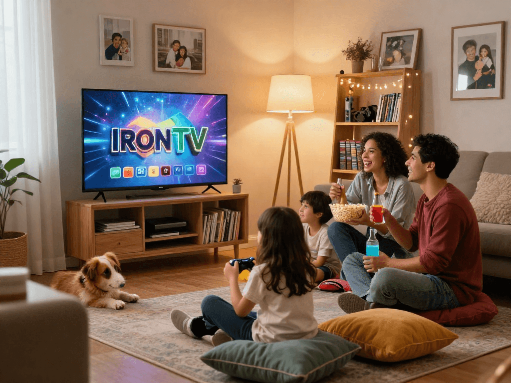 A family enjoying quality time watching Iron TV programming in their cozy living room.