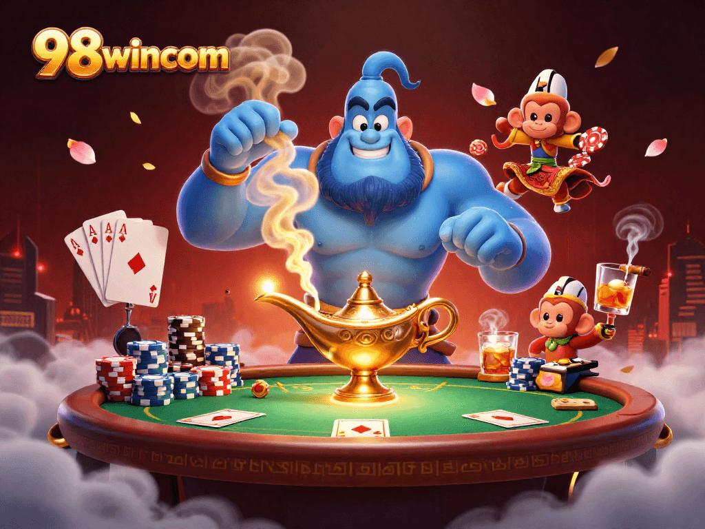 Win big with 98wincom in a vibrant casino scene featuring a genie and poker elements.