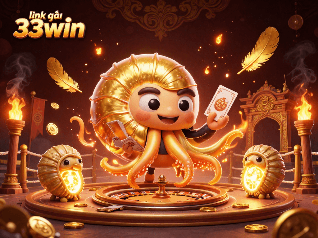 Engage with link vào 33win in this dynamic 3D casino illustration featuring vibrant characters and rich gaming elements.