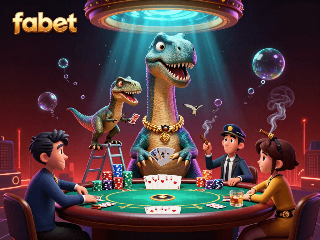 Fabet players engage in dramatic poker action under a giant brontosaurus in a rich casino scene.