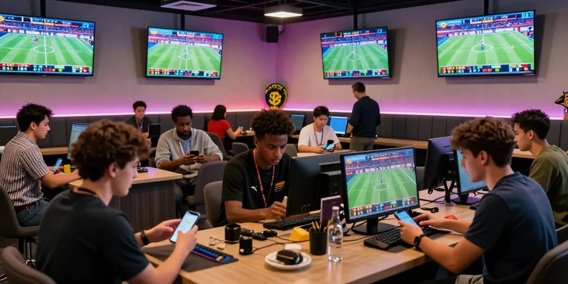 Ensemble de parieurs utilisant des cryptomonnaies pour les paris sportifs, en mettant l'accent sur les paris sportifs bitcoin dans une ambiance dynamique.